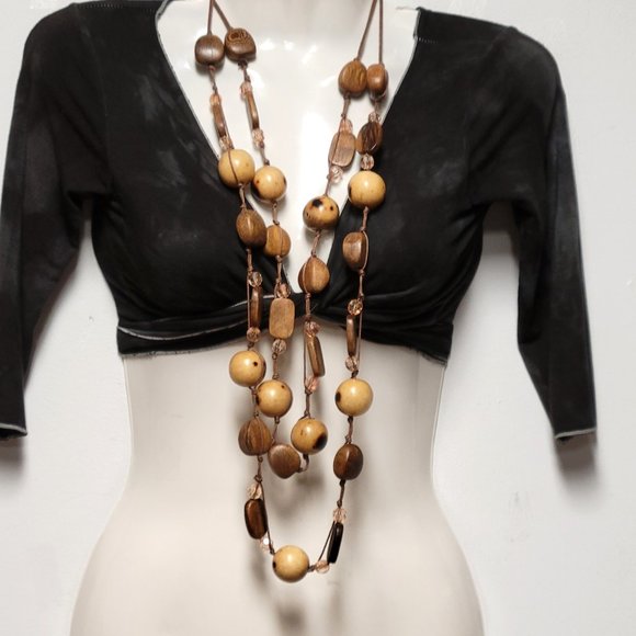 Large Wood Inspired Earthtone Beaded Long Statement Necklace - Picture 2 of 10